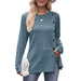 Color-Pale blue-Women Solid Color round Neck Sunken Stripe Brushed Slit Button T shirt-Fancey Boutique