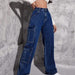 Color-Navy Blue-Wind Women Workwear Bellows Pocket Multi Bag Denim Straight Leg Trousers-Fancey Boutique