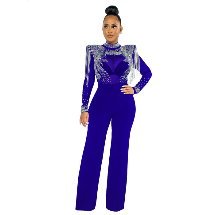 Color-Blue-Sexy Casual Slim Fit Turtleneck See Through Rhinestone Tassel Jumpsuit Women-Fancey Boutique
