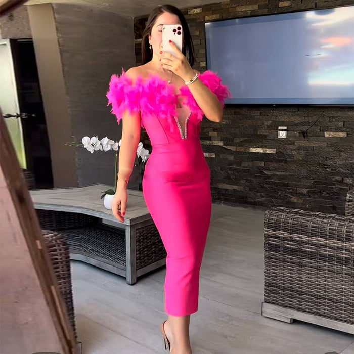 Color-Women Clothing Feather Diamond Bandage Dress Party Elegant Lady Of Note Elegant Dress Dress-Fancey Boutique