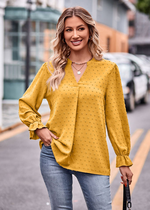 Color-Turmeric-Fall Women Clothing Jacquard T shirt V neck Loose Long Sleeve Umbrella Sleeve Top-Fancey Boutique