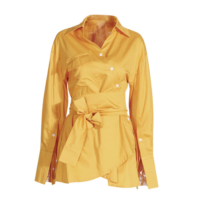 Color-Orange-Spring Fashionable High Grade Loose Mid Length Irregular Asymmetric Long Sleeve Shirt Dress-Fancey Boutique