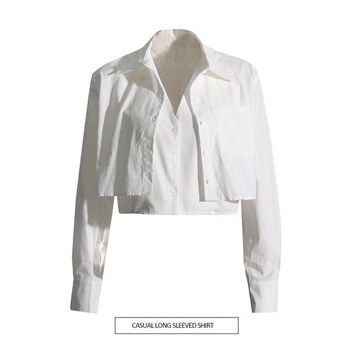 Color-White-Summer Solid Color Shirt Women Clothing Niche Short Office Faux Two Piece Long Sleeve Top-Fancey Boutique