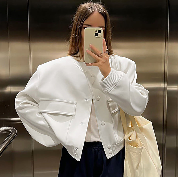 Color-White-White Slim Fit Long Sleeve Varsity Jacket Women All Matching Top Women Jacket Coat-Fancey Boutique