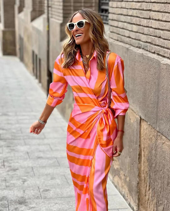 Color-Women Clothing New Fashionable Print Shirt Collar Lacing Mid-Length Striped Dress-Fancey Boutique