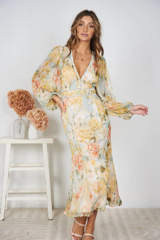 Color-Long Printed Dress Women Dress Slim Fit Irregular Asymmetric Folding Dovetail Expansion-Fancey Boutique