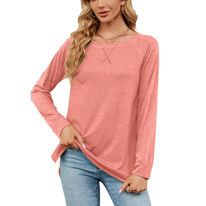 Color-Pink-Autumn Winter round Neck Contrast Color Loose Long-Sleeved T-shirt Split Top Women-Fancey Boutique