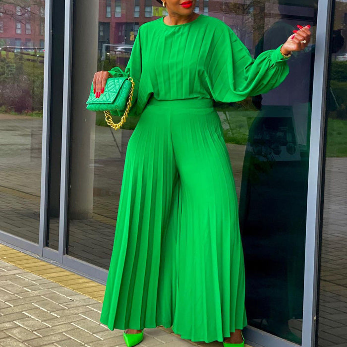 Color-Green-Women Clothing Summer Loose Casual Shirt Top Wide Leg Pants Two Piece Suit-Fancey Boutique