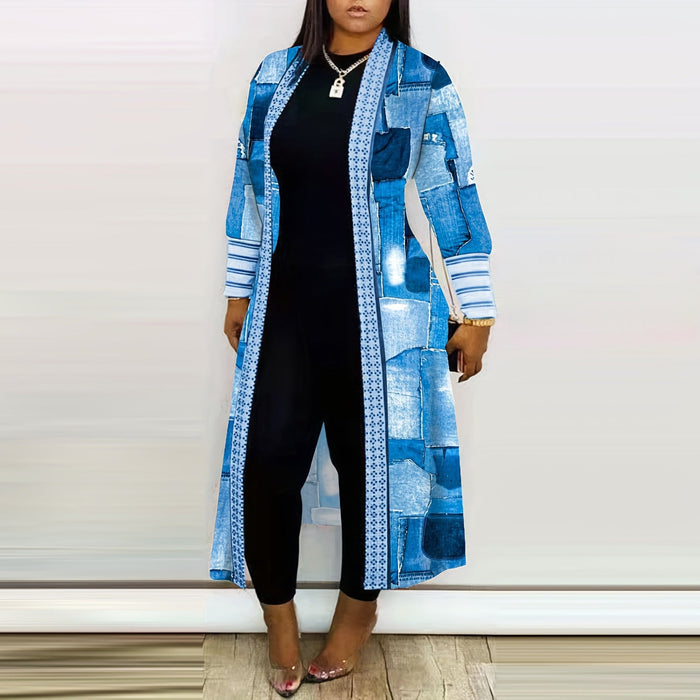 Color-Casual Women Wear Imitation Denim Printed Long Trench Coat Cardigan Coat-Fancey Boutique