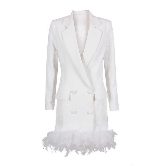 Color-White-Women Wear Elegant Collar Dress Sexy Feather Breasted French Dress-Fancey Boutique