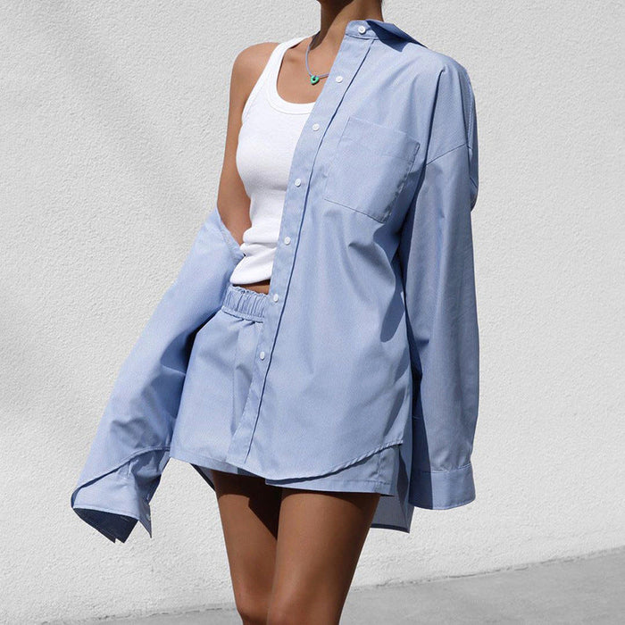 Color-Comfortable Loose Long Sleeved Shirt Shorts Summer Women Clothes Two Piece Set-Fancey Boutique