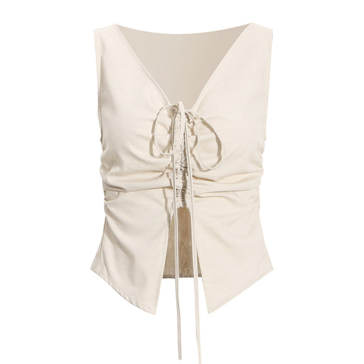 Color-Apricot Vest-Niche Two-Piece Women Curved Placket Long Sleeve Short Shirt Pleated Drawstring Camisole Suit-Fancey Boutique