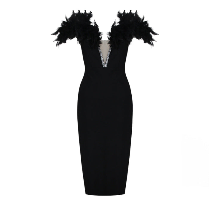 Color-Black-Women Clothing Feather Diamond Bandage Dress Party Elegant Lady Of Note Elegant Dress Dress-Fancey Boutique