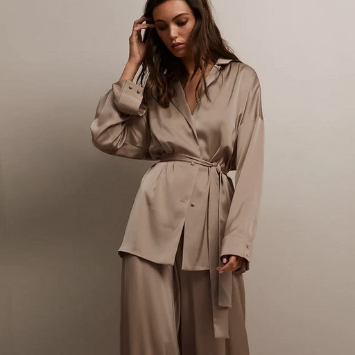Color-Autumn Pajamas Two Piece Nightgown Trousers Comfortable Breathable Artificial Silk Simple French Pajamas Women-Fancey Boutique
