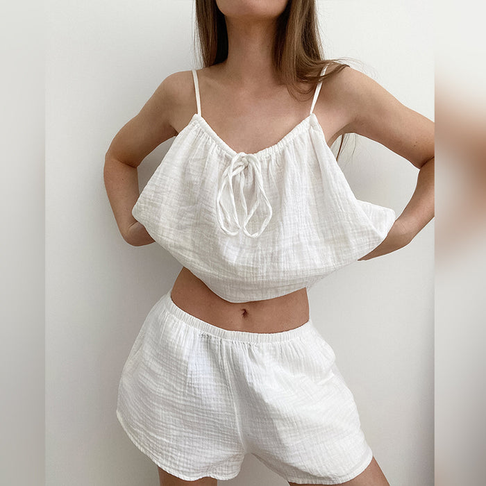 Color-Summer Halter Sleeveless Double Layer Gauze Cotton Lace up Drawstring Shorts White Suit Pajamas Home Wear for Women-Fancey Boutique