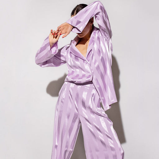 Color-Summer French Comfortable Silk Satin Purple Striped Patchwork Shirt Pajamas Women Homewear-Fancey Boutique