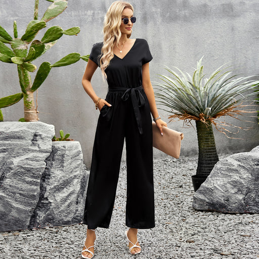 Color-Solid Color Jumpsuit Women Summer Office Loose Fitting Wide Leg Trousers-Fancey Boutique