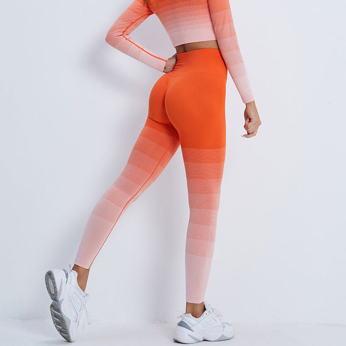 Color-Orange-Gradient Sports Long Sleeve Trousers Suit Fitness Running Yoga Long Sleeve Tights-Fancey Boutique