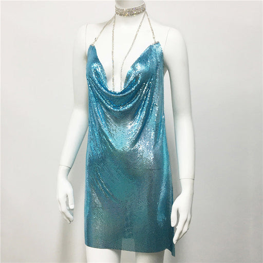 Color-Skyblue-Metallic Coated fabric Women Clothing Metal Sequ Dress Sexy Sweet Spicy Dress Rhinestone Cami Dress Women-Fancey Boutique