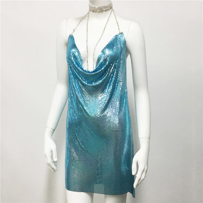 Color-Skyblue-Metallic Coated fabric Women Clothing Metal Sequ Dress Sexy Sweet Spicy Dress Rhinestone Cami Dress Women-Fancey Boutique