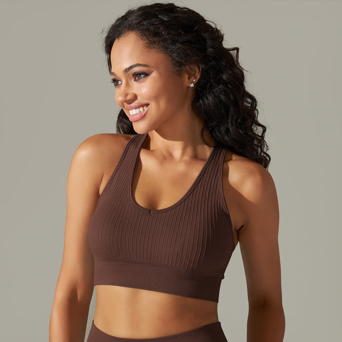 Color-Bra-Brown-Knit Breathable Yoga Vest Running Exercise Underwear Seamless Back Shaping Shockproof Push Up Sports Bra-Fancey Boutique