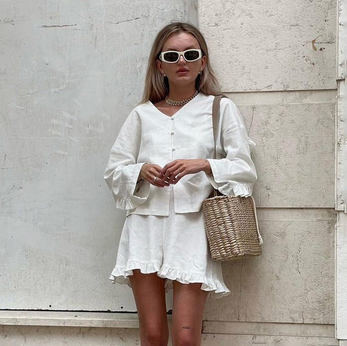 Color-Women Clothing Summer Suit Beige Long Sleeve Loose Casual Shirt High Waist Shorts Two Piece Set-Fancey Boutique