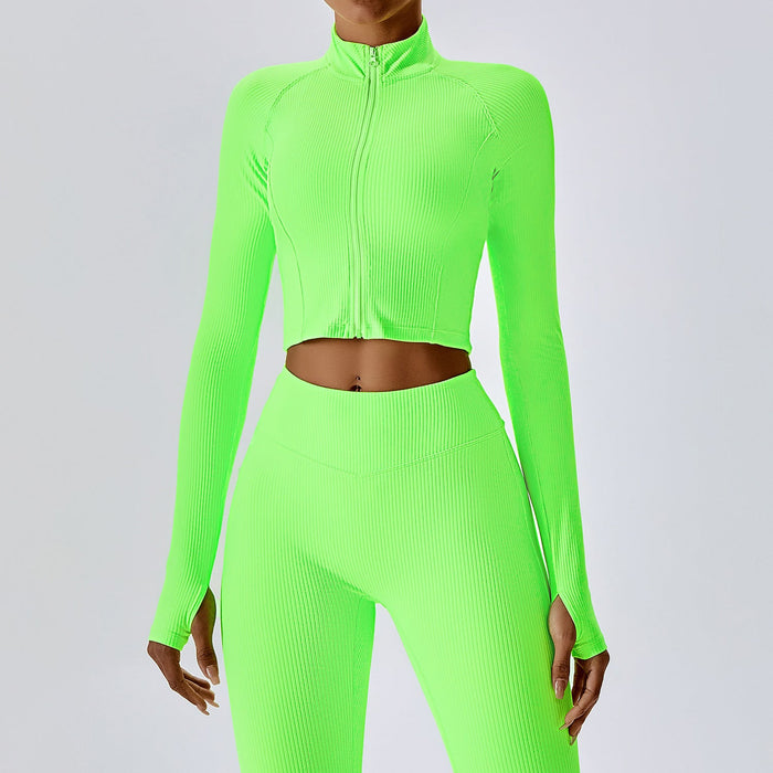 Color-fluorescent green-Autumn Quick Drying Long Sleeved Yoga Coat Thread Zipper Workout Clothes Top Women Running Exercise Coat-Fancey Boutique