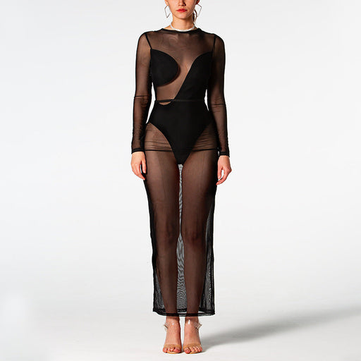 Color-Black-Sexy See through Dress Women Autumn Long Sleeve Backless Jumpsuit Bandage Dress-Fancey Boutique