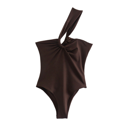 Color-chocolate-Summer Bow Tie Backless Sexy Asymmetric One-Shoulder Swimsuit-Fancey Boutique