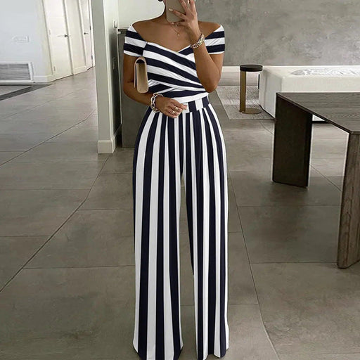Color-Stripe-Spring Autumn Women Clothing off Shoulder Printing Office Printed Waist Controlled Jumpsuit-Fancey Boutique