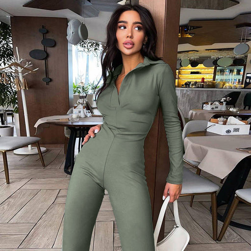 Color-Women Winter Polo Collar Slimming Long Sleeves Casual Wide Leg Pant Jumpsuit-Fancey Boutique