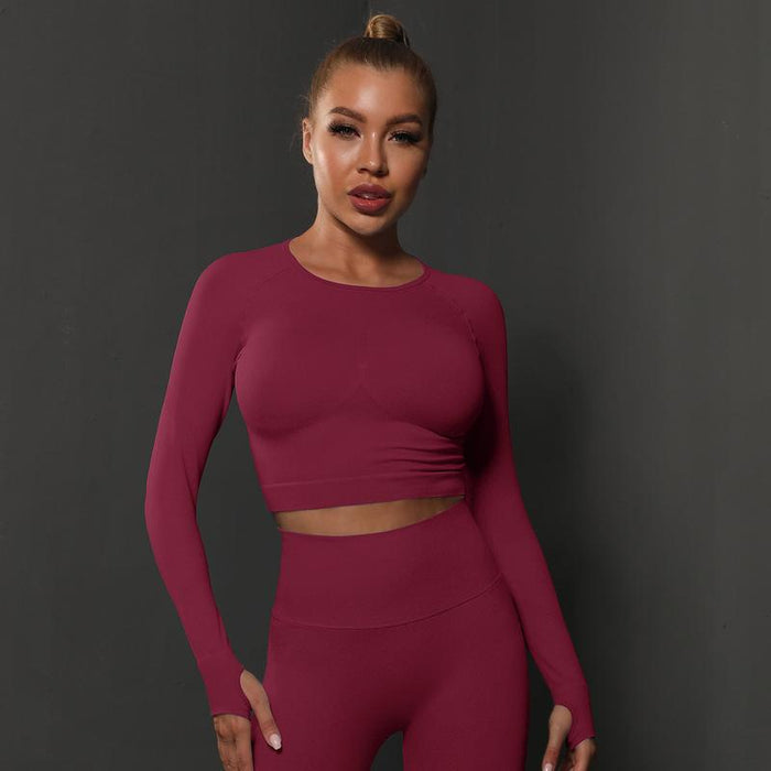 Color-Long Sleeve-Wine Red-Seamless Knitted Solid Color Peach Tight T Shirt Top Fitness Exercise Yoga Clothes Moisture Absorption Body Shaping Long Sleeve Women-Fancey Boutique