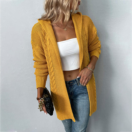 Color-Autumn Winter Solid Color Hooded Twist Knitwear Cardigan Sweater Women Coat-Fancey Boutique