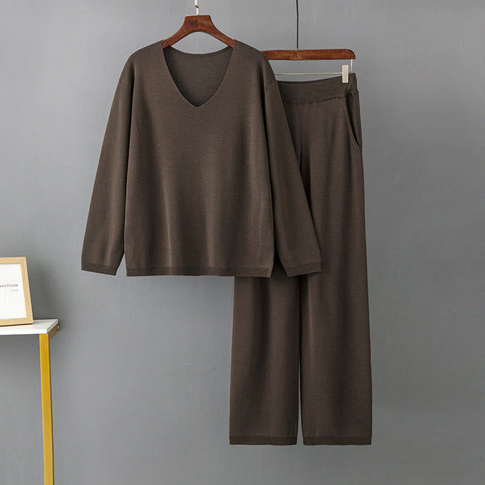 Color-Dark Brown-Solid Color V neck Ice Silk Suit Spring Autumn Loose High Waist Casual Two Piece Sweater-Fancey Boutique