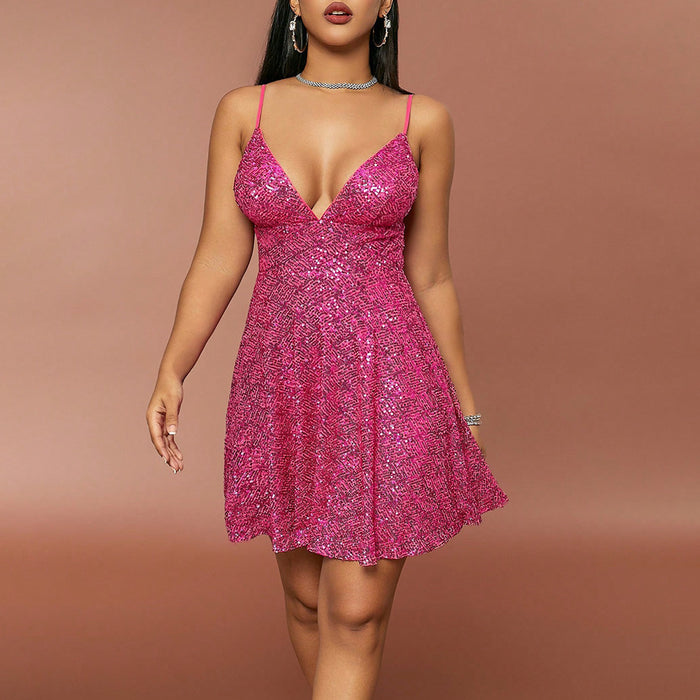 Color-Summer Sexy Sweet Spicy Dress Sequin Stitching Deep V Plunge Suspender Dress-Fancey Boutique