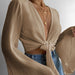 Color-Khaki-Sexy Flare Sleeve Pleated Solid Color Long Sleeve Shirt Top Women-Fancey Boutique