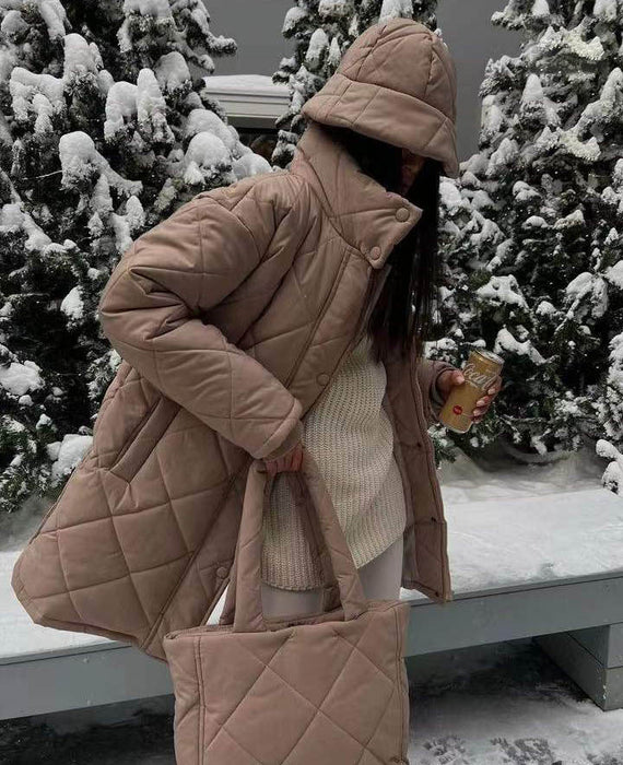 Color-Camel Cotton-Padded Coat-Autumn Winter Popular Diamond Lattice Stand up Collar Thermal Shoulder Bag Cotton Padded Clothes Outfit-Fancey Boutique