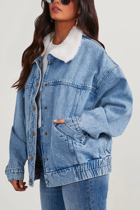 Color-Ladies Fall Winter Jacket Denim Cotton Loose Fur Collar Large Collared Double Pocket Polo Line Coat-Fancey Boutique