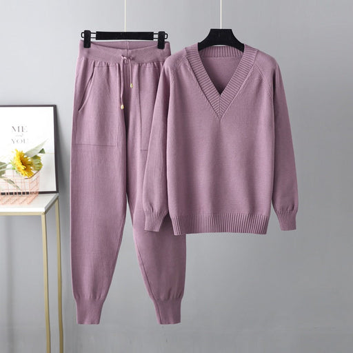 Color-Autumn Winter Sweater Harem Pants Suit Russian Casual Sweater Pullover Two Piece Set-Fancey Boutique