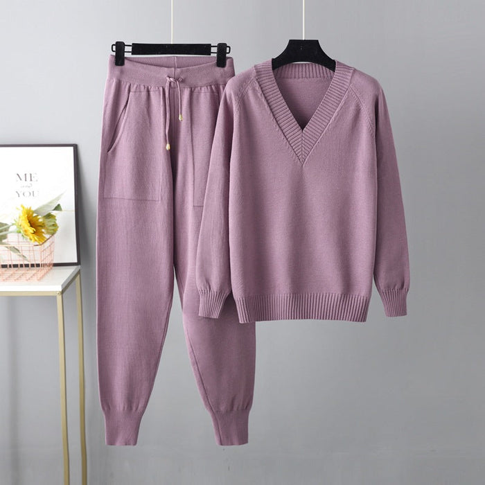 Color-Purple-Autumn Winter Sweater Harem Pants Suit Russian Casual Sweater Pullover Two Piece Set-Fancey Boutique