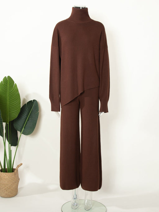 Color-Brown-Half Turtleneck Irregular Asymmetric Sweater Suit Elegant Beveled Sweater Knitted Wide Leg Pants-Fancey Boutique