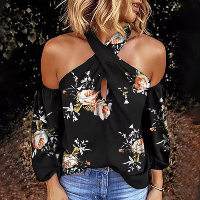 Color-White Flowers on Black Background-Summer Printed Long Sleeve Halter Sexy Backless Loose Top Women-Fancey Boutique