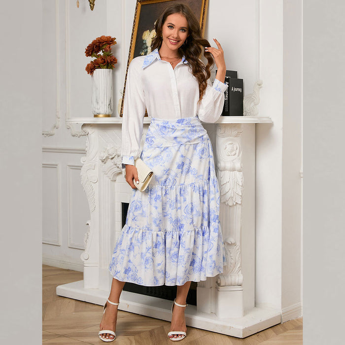 Color-Blue And White-Autumn Clothing Suit Shirt Skirt Women Office Elegant Tie Dye Two Piece Set Lightly Mature Unique Skirt-Fancey Boutique