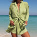 Color-Green-Spring Summer Women Polo Collar Long Sleeved Cardigan Shorts Two Piece Set-Fancey Boutique