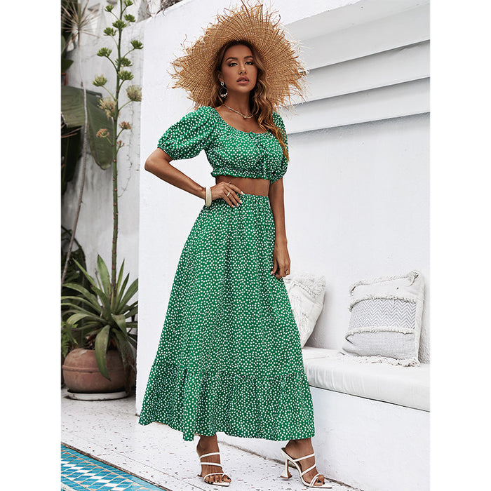 Color-Self Developed Popular Summer Green Puff Sleeve Square Collar Cropped Exposed Skirt Set-Fancey Boutique