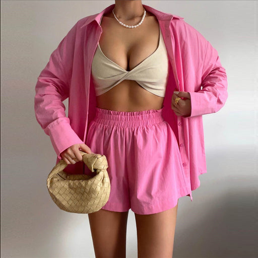 Color-Spring Summer Two Piece Set Solid Color Single Breasted Long Sleeve Collared Shirt Shorts Loose Casual Set-Fancey Boutique