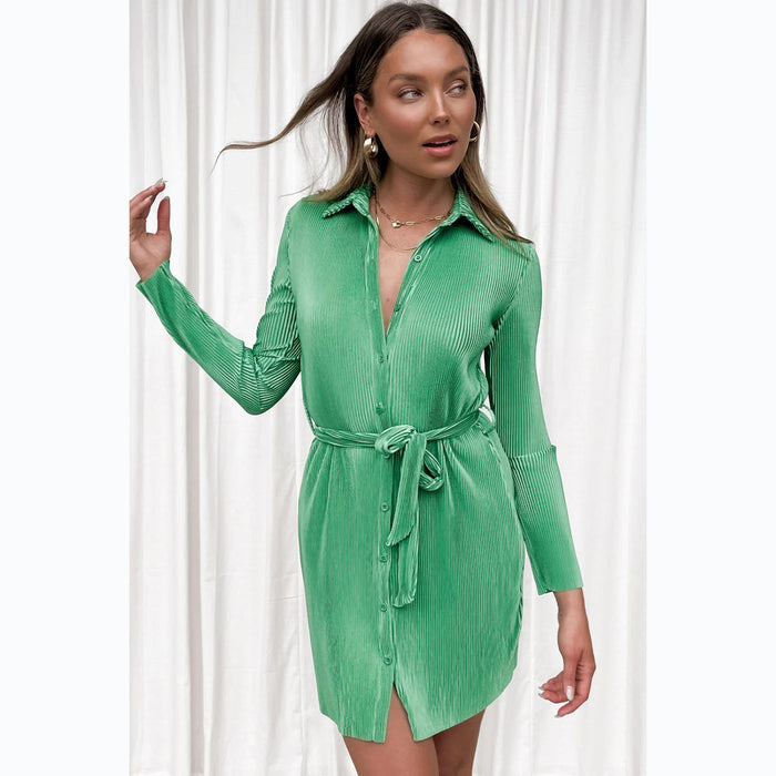 Color-Spring Summer Solid Color Pleated Single Breasted Shirt Dress-Fancey Boutique