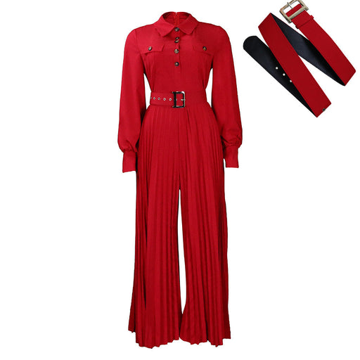 Color-Red-Belt Women Clothing Spring Summer Long Sleeve Casual Loose Pleated Wide Leg Jumpsuit-Fancey Boutique