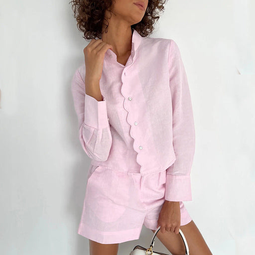 Color-Cotton Linen Pink Stand-up Collar Long-Sleeved Shorts Suit Summer Women Clothing Two Piece Suit-Fancey Boutique