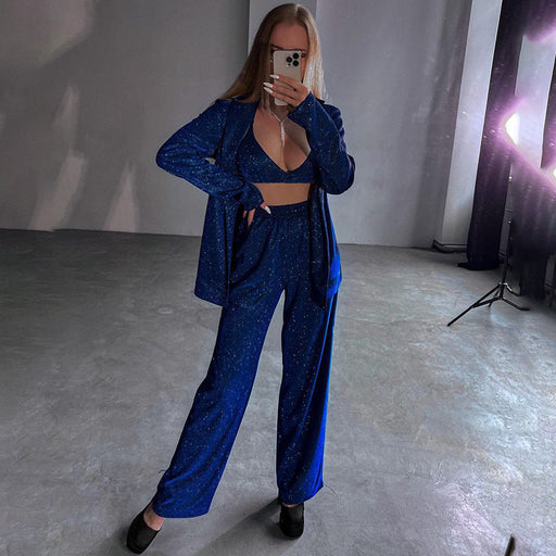 Color-Blue-Women Clothing Glitter Three Piece Set Sexy Party Long Sleeve Suit Top High Waist Trousers Suit-Fancey Boutique